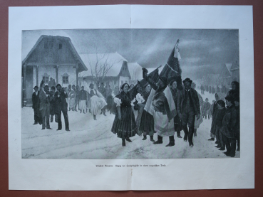 Kunst Druck Ungarn 1909 Stephan Bosznay Umzug der Hochzeitsgäste in einem ungarischen Dorfe